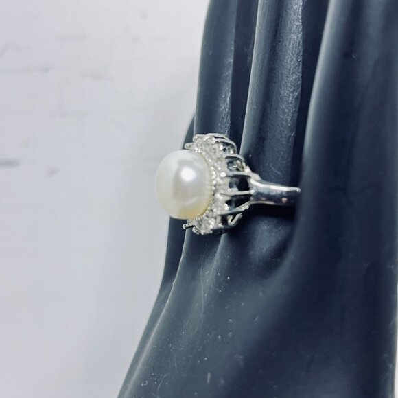 Silver Tone Faux Pearl & Clear Rhinestone Adjustable Statement Ring (R449) - Picture 5 of 9